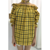 Sexy Off the Shoulder Choker Long Sleeve Plaid Tunic Blouse