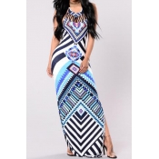 Hot Fashion Halter Neck Tribal Printed Split Side Bodycon Maxi Dress