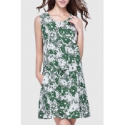 Round Neck Sleeveless Floral Pattern Gathered Waist Leisure Linen Tank Dress