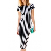 Hot Fashion Round Neck Short Sleeve Classic Striped Printed Midi Pencil Dress