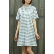 Vintage Stand Up Collar Short Sleeve Classic Plaids Printed A-Line Midi Dress