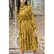 Floral Printed Elastic Waist Stand Up Collar Long Sleeve Buttons Down Midi Dress