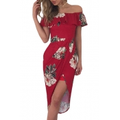 Sexy Off The Shoulder Ruffle Hem Floral Printed Split Front Asymmetrical Dress