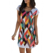 Color Block Geometric Printed Round Neck Short Sleeve Mini T-Shirt Dress