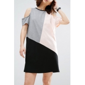 Chic Color Block Round Neck Cold Shoulder Short Sleeve Leisure Mini T-Shirt Dress