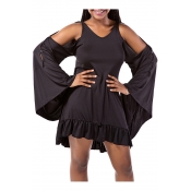 Summer's Batwing Sleeve Cold Shoulder V Neck Plain Mini A-Line Dress