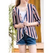 Classic Vertical Striped Printed 3/4 Sleeve Open Front Oversize Sun Protection Coat