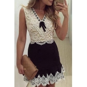 Chic Lace Patchwork V-Neck Sleeveless Color Block Midi A-Line Dress