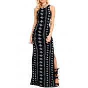 Fashion Sleeveless Split Side Tied Back Geometric Printed Maxi Dress