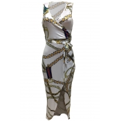 Women's V-Neck Sleeveless Tribal Printed Belt Waist Asymmetric Hem Dress