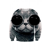 New Arrival 3D Eyeglasses Cat Printed Long Sleeve Round Neck Pullover Sweatshirt