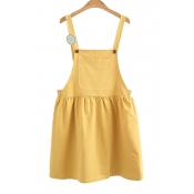 Fashion Straps Sleeveless Plain Mini Overall Dress with One Pocket