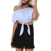 Sexy Women's Off the Shoulder Striped Ruffle Front Short Sleeve Cropped Blouse