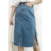 Women's Split Hem Fringe Midi Denim Skirt with Pockets