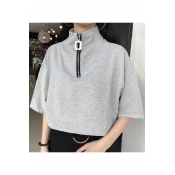 New Arrival High Neck Short Sleeve Chic Zip Up Plain Leisure Pullover T-Shirt