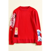 Floral Printed Long Sleeve Round Neck Unisex Leisure Pullover Sweatshirt