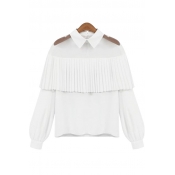Lapel Collar Long Sleeve Sheer Mesh Patched Plain Chiffon Pullover Blouse