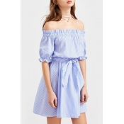 Fashion Striped Off the Shoulder Half Sleeve Belt Waist Mini A-Line Dress