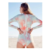 Fashion Zipper Back Long Sleeve Printed Color Block One-Piece Swimwear