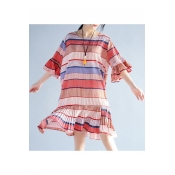 Ruffle Hem Round Neck Half Sleeve Color Block Chic Midi Chiffon Dress