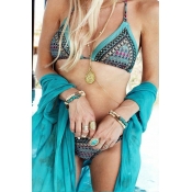 Color Block Tribal Printed Halter Neck Backless Triangle Top Bikini Bottom Swimwear
