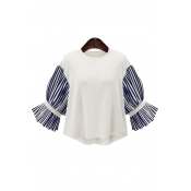 Round Neck Color Block Striped Sleeve Chic Pullover Blouse