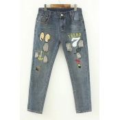 Cartoon Letter Embroidered Ripped High Waist Oversize Skinny Jeans