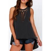 Round Neck Sleeveless Chic Cut Out Plain High Low Hem Pullover T-Shirt