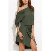 Hot Fashion One Shoulder Long Sleeve Plain Slit Front Mini Asymmetrical Dress