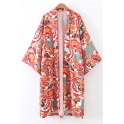 New Arrival Open Front 3/4 Sleeve Vintage Floral Printed Tunic Kimono Coat