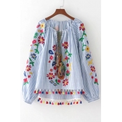 Chic Floral Embroidered Striped Printed Round Neck Long Sleeve Tassel Hem Blouse