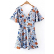 Fashion Floral Printed Plunge Neck V Back Short Sleeve Mini A-Line Dress