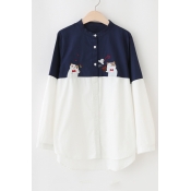 Adorable Cartoon Embroidery Pattern Color Block Single Breasted Shirt