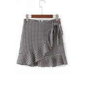 Chic Ruffle Hem Classic Plaids Printed Zip Back Mini Skirt