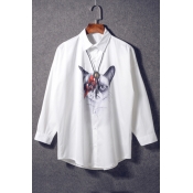 Women's Cartoon Cat Printed Single Breasted Long Sleeve Lapel Shirt