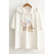 Lovely Drawstring Hooded Cartoon Cat Printed Short Sleeve Top