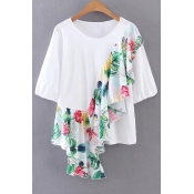 Floral Printed Asymmetrical Ruffle Hem Round Neck Casual Loose Pullover Blouse