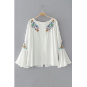 New Arrival Chic Floral Embroidered Boat Neck Flared Sleeve Pullover Blouse