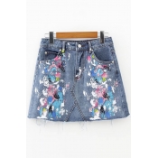 Chic Splash-Ink Printed Summer's Basic A-Line Mini Denim Skirt