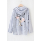 Striped Cartoon Letter Printed Hooded Long Sleeve Buttons Down Sun Coat