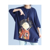 Cartoon Lovely Kid Printed Round Neck 3/4 Sleeve Oversize Loose T-Shirt