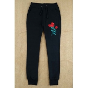 New Arrival Floral Embroidered Drawstring Waist Casual Sports Pants