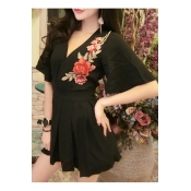 Chic Floral Embroidered Plunge Neck Flared Sleeve Mini A-Line Dress