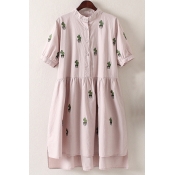 Summer's Cactus Printed Short Sleeve Oversize High Low Buttons Down Shirt Dress