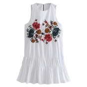 Chic Floral Embroidered Round Neck Sleeveless Midi Tank Dress