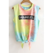New Fashion Ombre Letter Pattern Round Neck Sleeveless Knotted Hem Tank Tee