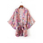 New Arrival Floral Horse Printed Casual Leisure Bow Tie Waist Kimono Coat