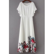 Chic Floral Printed Hem Round Neck Short Sleeve Maxi A-Line Dress