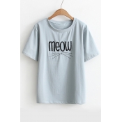 Summer's Simple Basic Cartoon Letter Pattern Round Neck Short Sleeve Casual T-Shirt