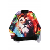 Color Block Lion 3D Printed Stand-Up Collar Single Breasted Bomber Jacket